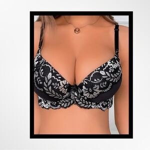 Elegant Black and Silver Lace Bra